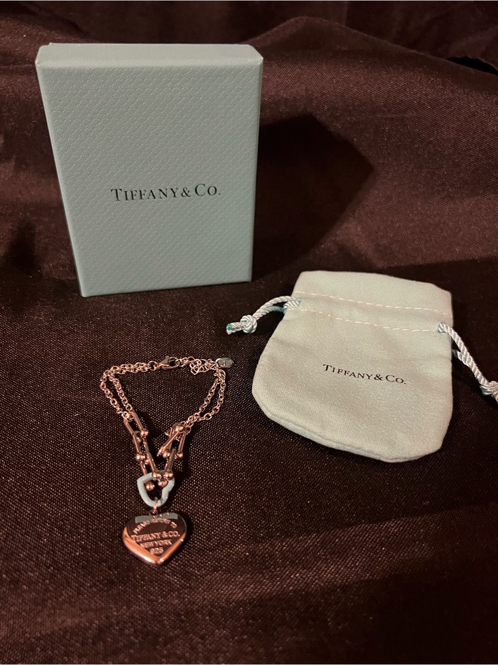 Tiffany & Co. Stainless Steel Heart Tag Pendant Necklace with Blue Heart Accents
